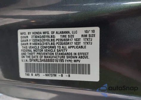 2011 Honda Odyssey Ex-L z USA, uszkodzony, nr VIN 5FNRL5H68BB016195
